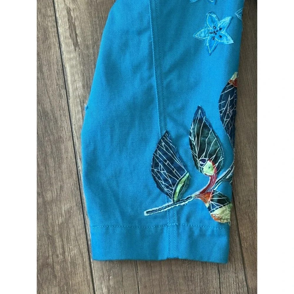 Chicos Teal Tropical/Leaf/Parrot Applique/Beaded Denim Jacket Sz 3 (XL-16) Artsy